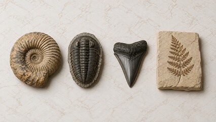 Fossilized specimens including ammonite, trilobite, shark tooth, and fern imprint. © MSBcollection