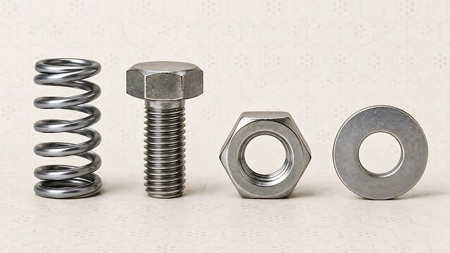 Industrial steel coil spring bolt nut and washer fasteners lined up on textured surface for mechanical engineering use.