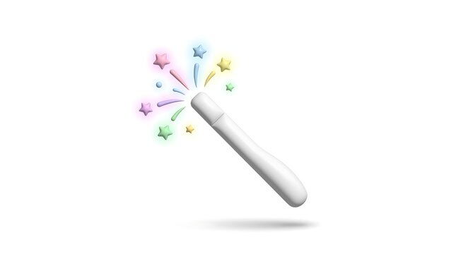 3D white magic wand emitting colorful glowing stars and magical sparkles on a clean white background