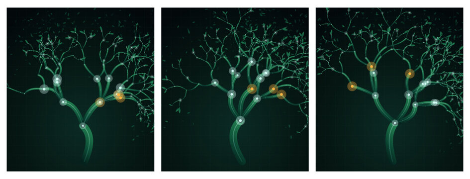 Neural network tree with glowing synapses. Digital brain connection nodes on dark background. Abstract biological data visualization.