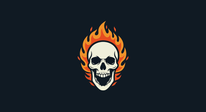 Spooky human skull illustration engulfed in orange and yellow flames with halloween illustration mysterious character skeleton skullhead fireball