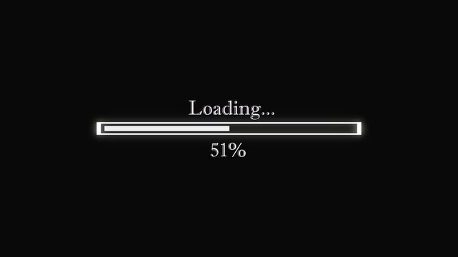 Glowing white loading progress bar with animated Loading text and percentage counter on black background, minimalist digital download screen animation