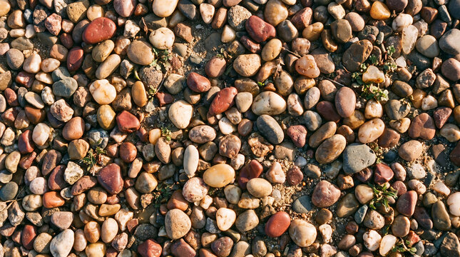 Multicolored smooth river stones scattered across the ground creating a natural textured background with warm golden sunlight and soft shadows