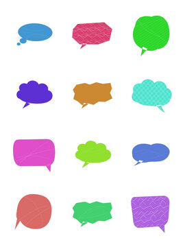 Set of twelve colorful hand drawn speech bubbles and thought balloons in various shapes and vibrant colors for chat messaging and communication design elements