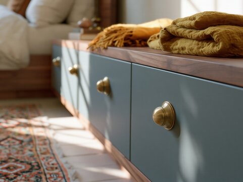 Blue wooden bedroom cabinet with brass knobs and folded blankets