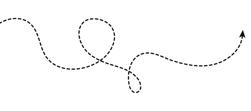 Curved dashed, dotted, and dots line arrow on a white background. Squiggle arrow icon, symbol, and vector pointer.