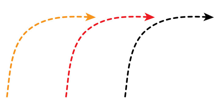 Dash dotted line black, yellow, and red color curved arrows on a pure white background.
