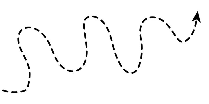 Hand drawn long dashed line, curved arrow, squiggle arrow, and loopy line arrow icon on a white background.