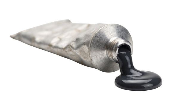 Charcoal black artist paint flowing from a premium blank tube into a glossy puddle, isolated on white background for creative design use.