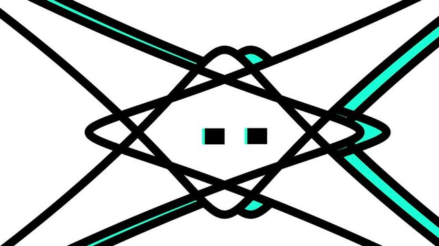 Abstract black and white geometric shape animation with a cyan glitch effect, resembling a mask or face with two square eyes, retro digital art concept.