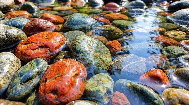 Smooth multicolored river pebbles resting underwater exhibit vibrant wet textures under bright natural sunlight captured in a detailed close up shot