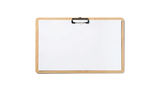 Wooden clipboard with blank white paper sheet isolated on transparent background.
