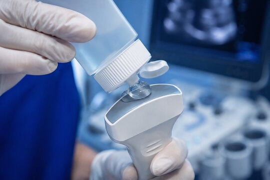 Macro close-up of a sonographer's gloved hand squeezing clear conductive gel onto an ultrasound transducer probe, soft blue medical room background