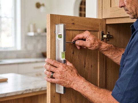 Skilled Handyman Adjusting Oak Kitchen Cabinet Door Alignment with Spirit Level and Screwdriver in Modern Home Renovation