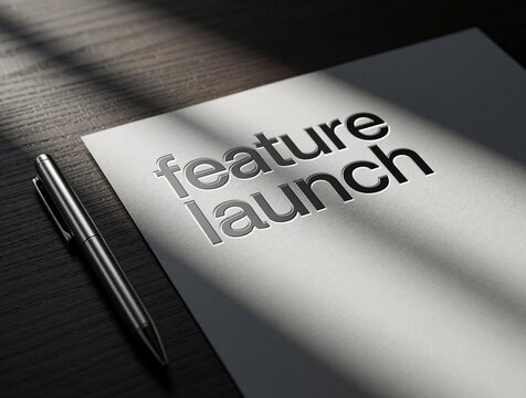 Metal pen rests by paper document titled feature launch on dark wood surface. Pro business planning or new idea concept with clean design and text.