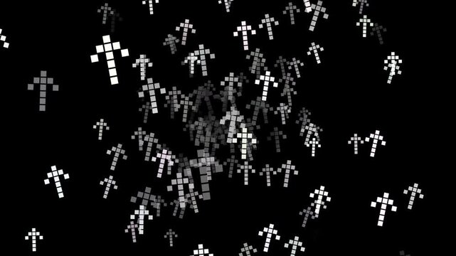 Abstract digital background featuring white and grey pixelated arrows moving upward against a black backdrop. Represents growth, tech, and progress.