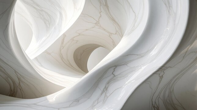 Abstract white marble swirls create a smooth, flowing tunnel. Light enters the curved, geometric structure, revealing intricate patterns and an elegant, three-dimensional modern design.