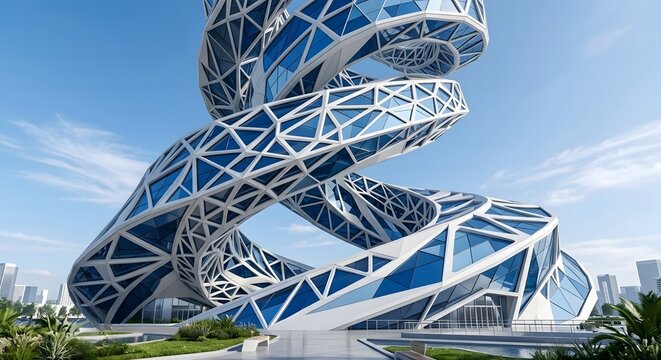 Twisting triangulated glass tower spiraling above futuristic city park