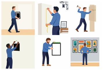 Fototapeta premium Man Hanging Picture Frames on Wall Step by Step DIY Home Decor Illustration Set