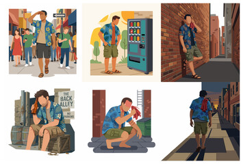 Fototapeta premium Flat vector illustration of a man in a Hawaiian shirt enduring a hot summer day in the city, showing exhaustion, thirst, and urban loneliness.