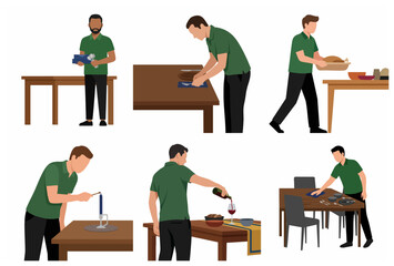 Fototapeta premium Set of male waiters or servers preparing a dining table, pouring wine, lighting candles, and serving food in a flat vector illustration style.