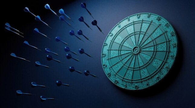 Blue darts fly towards a teal dartboard with circuit board design on dark background. Represents aiming for goals and precision in a modern digital strategy or project execution.