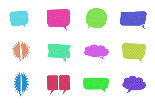 Set of colorful hand drawn speech bubbles and thought clouds in various shapes for communication and messaging design elements