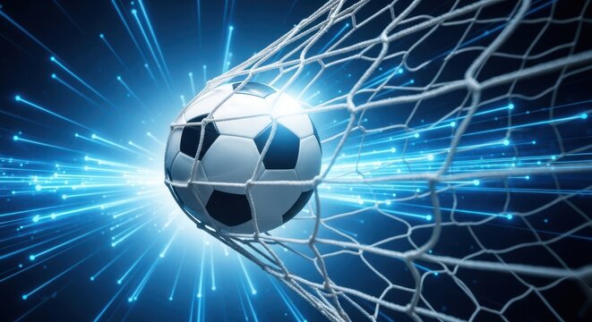 Soccer ball hitting the goal net with dynamic blue light streaks