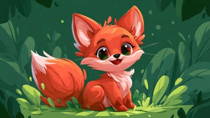 Naklejka premium A playful fox with bright russet fur sits happily in green leaves. Its big eyes convey joy and curiosity as it explores its surroundings.