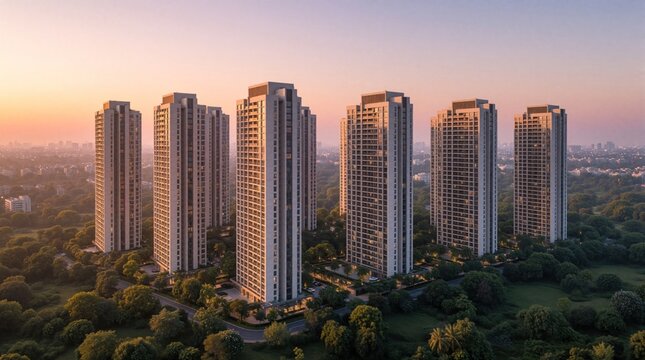 Modern highrise apartment buildings stand tall in lush green trees at sunset. Urban city skyline fades into horizon under soft pink sky. Cityscape shows new real estate development.