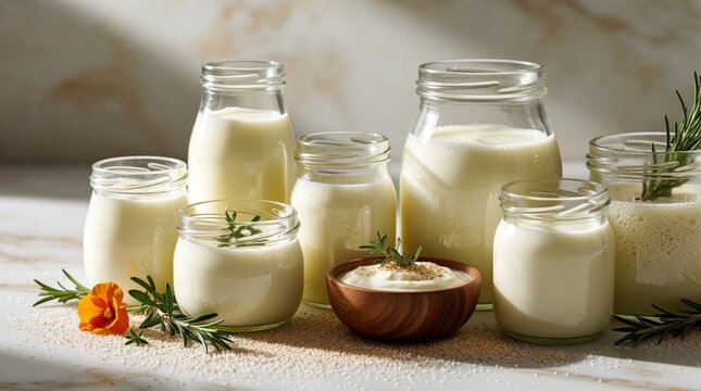 Collection of small glass jars filled with creamy white fermented dairy products like kefir, yogurt. Beverages garnished with rosemary herbs, small orange flower, suggesting natural fresh homemade