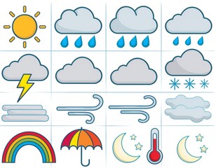 Fototapeta premium Colorful weather icon collection featuring sun rain clouds snow lightning rainbow umbrella and thermometer symbols