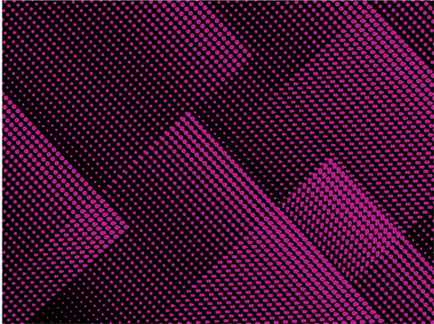 Abstract pink halftone dot pattern on a black background with diagonal waves, curved bands, and varying dot density. Dynamic geometric texture creating a bold optical effect, suitable for posters.