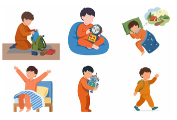 Vector Illustration Set of a Little Boy's Daily Routine Preparing for a Trip, Packing a Backpack, Dreaming of Camping, and Waking Up Happy