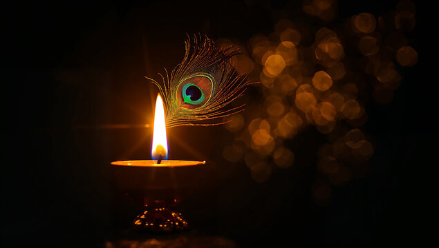 Single lit diya lamp with peacock feather in dark background traditional celebration festival background offering spiritual decoration ceremony religion illumination deepavali celebrate