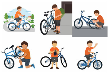 Naklejka premium Boy riding and maintaining his bicycle vector illustration set for lifestyle and hobby concepts