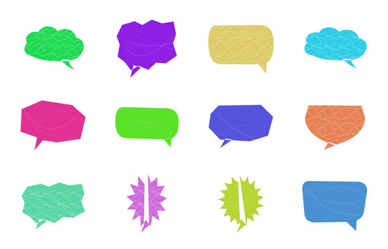 Set of colorful hand drawn speech bubbles and thought balloons in various shapes and styles for design and social media communication