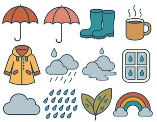 Fototapeta premium Cozy rainy day icon collection featuring warm umbrella, rain boots, steaming hot drink, and autumn weather symbols for autumn design projects