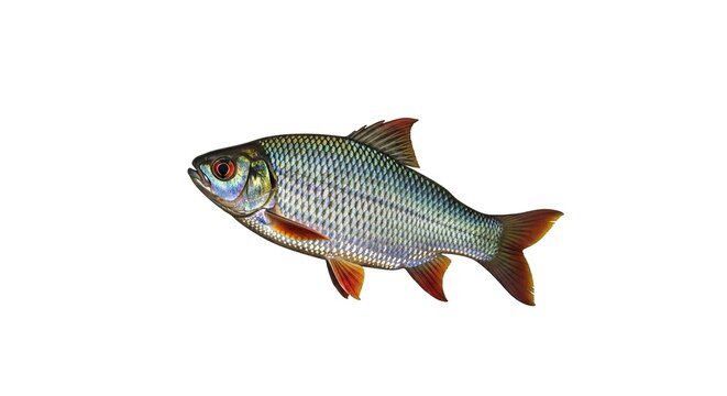 Close-up studio portrait of a shimmering roach fish with vibrant fins and scales, isolated on a clean white background