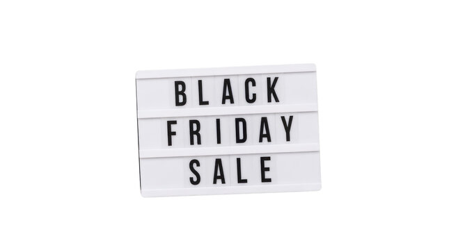 Minimalist lightbox sign with BLACK FRIDAY SALE text, white letter board typography, retail promotion banner photo PNG