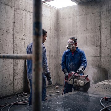 Construction worker wearing respirator and safety goggles using concrete saw to cut concrete slab while colleague looks on
