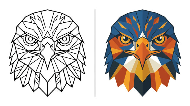Symmetric eagle face outline and low poly bird head.