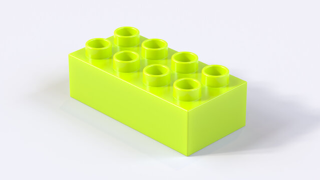 Bright Lime Green Plastic Building Brick with Studs on White Background, Representing Construction, Creativity, Childhood Play, Education, Assembly, and Modular Design. 3D Illustration