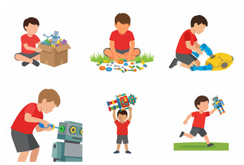 Little Boy Building and Playing with Toy Robots STEM Education Illustration Set