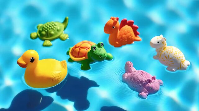 Funny rubber ducks and inflatable swimming rings drift freely in the clear blue water of the pool with sun glare. The concept of summer recreation, children's games, holidays