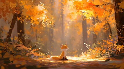 Fototapeta premium Young fox sitting amid golden leaves in a sunlit autumn forest glade