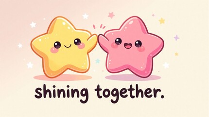 Fototapeta premium Kawaii stars high-five with text shining together. Cute yellow and pink celestial bodies celebrate success or teamwork. Fun cartoon illustration for kids or design.