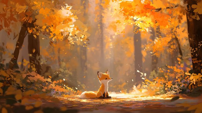 Young fox sitting amid golden leaves in a sunlit autumn forest glade