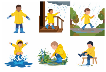 Little Boy in Yellow Raincoat and Blue Boots Playing in the Rain Vector Illustration Set