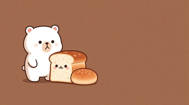 Cute cartoon bear sits with fresh baked bread and bun on brown background. Kawaii illustration for bakery cafe or kids room decor. Sweet food art.